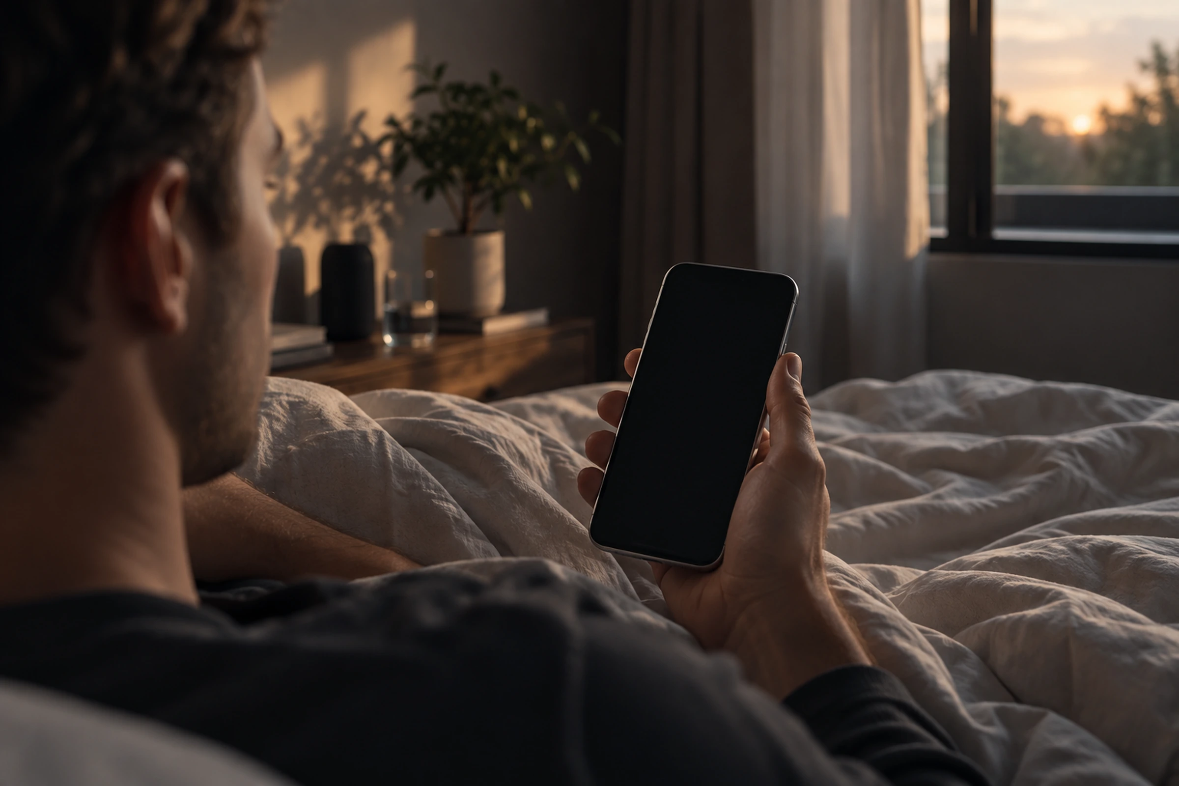 Someone checking the app on their phone after waking, in early morning light.